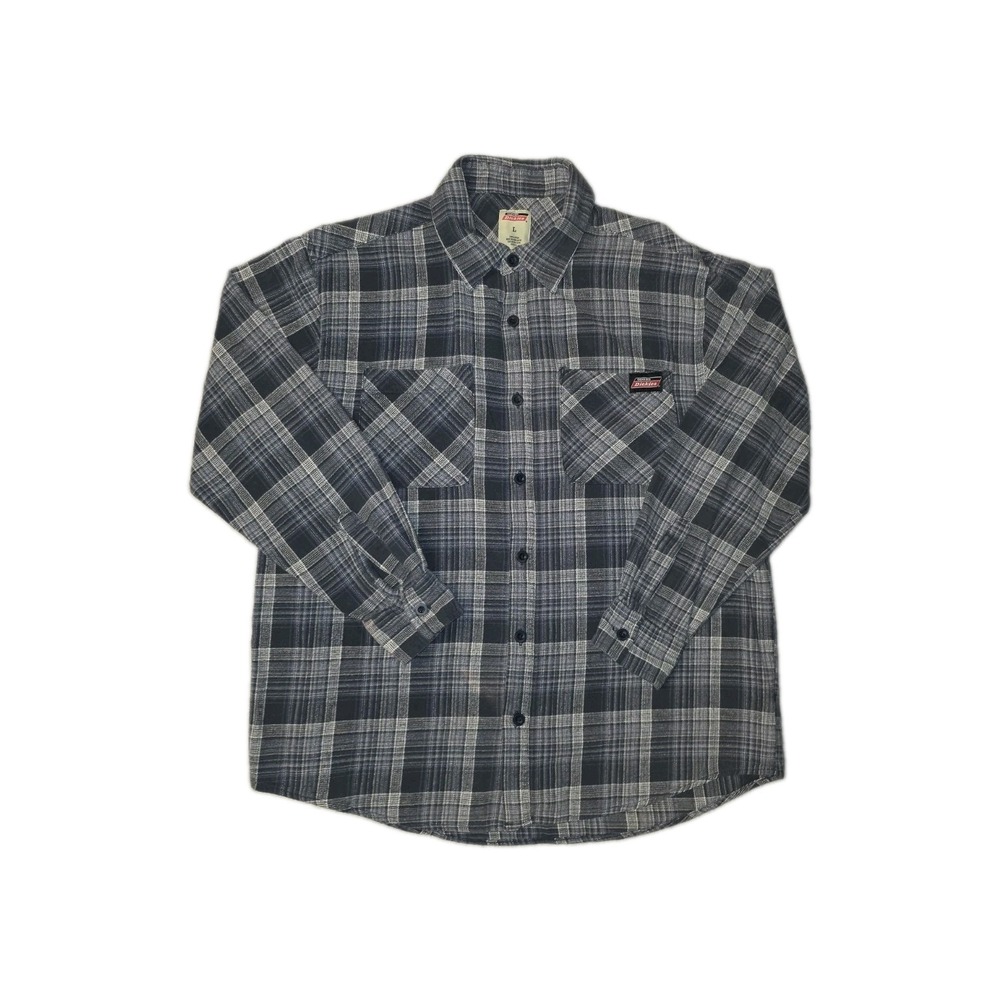 Dickies Flannel Plaid Gray White Long Sleeve Button Up Workwear Shirt L